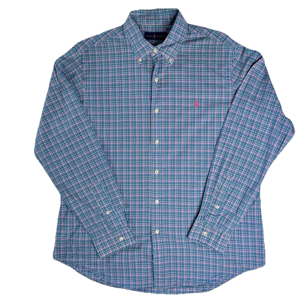 Ralph Lauren Blue Pink‎ Plaid Button Down Shirt L Pony Logo Preppy Classic Dad